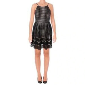 Aqua Black Nude Crochet Lace Check Square Woven Overlay Mini Dress Size Medium